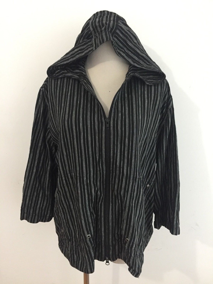 CHICO'S Linen Zip-Front Hoodie Jacket Black & White Ticking
