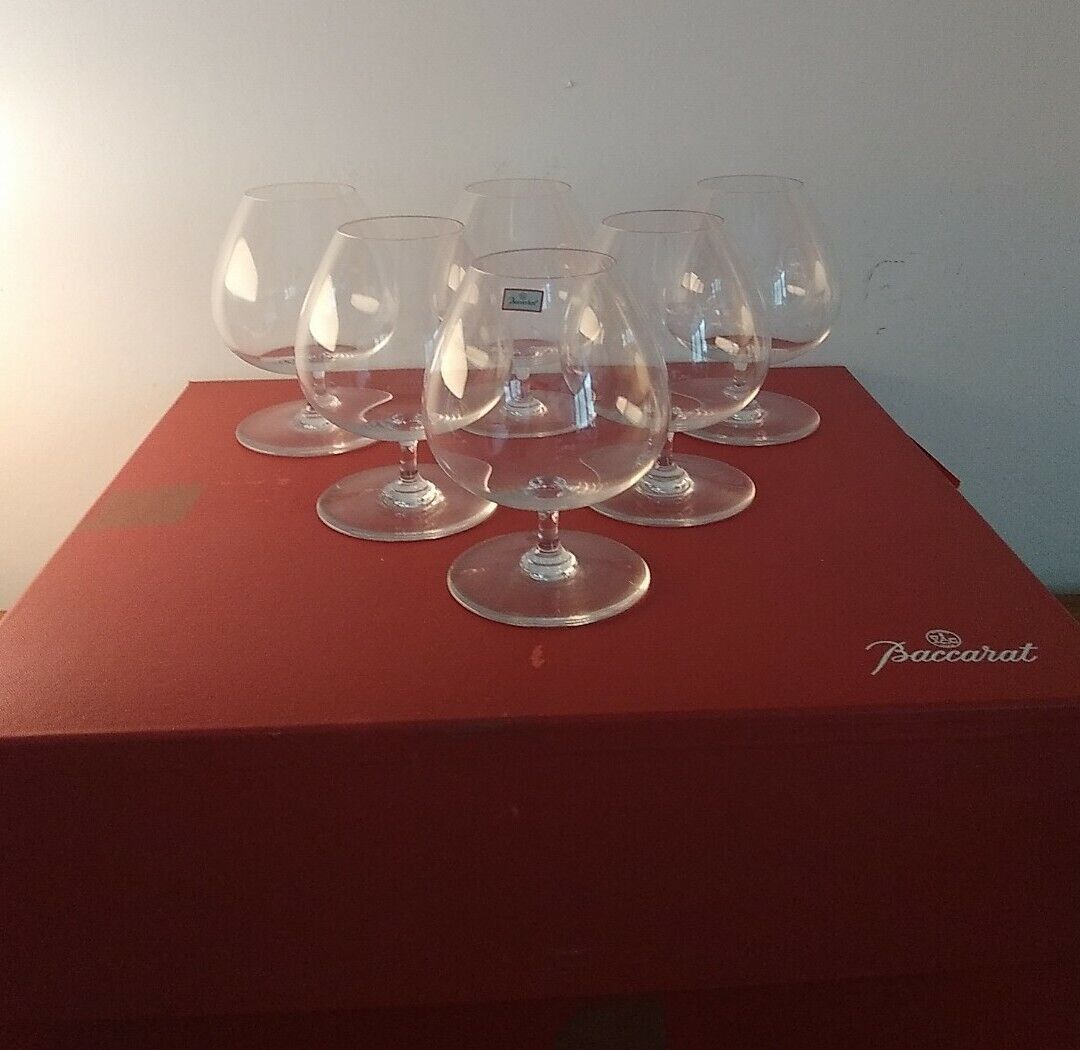 VINTAGE BACCARAT XL COGNAC GLASSES X 6 (15CMS HIGH) STAMPED ON BASE BOXED Grote verzendaanbiedingen