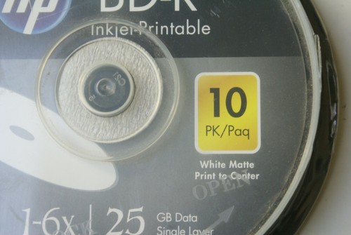 New HP Bluray BD-R 25GB Single Layer 1-6x Speed Inkjet Printable 10 Disc Spindle - Photo 3/10
