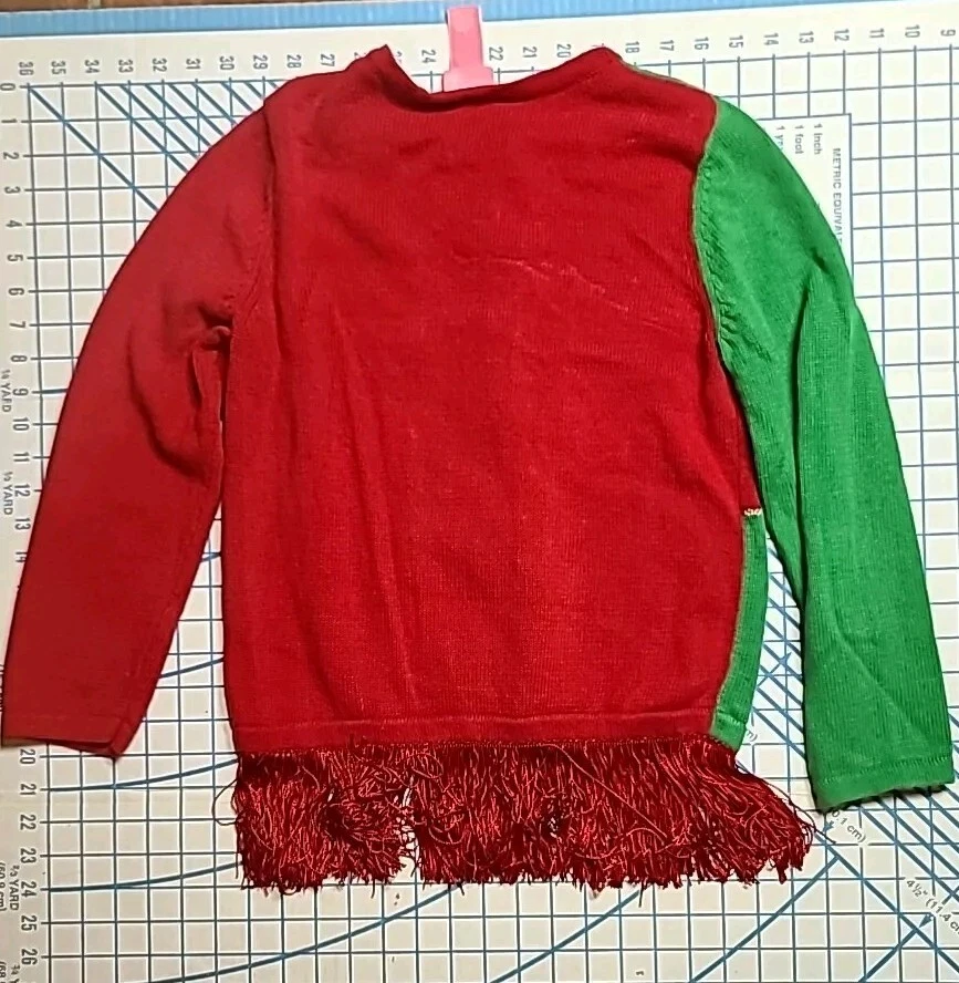 J Khaki Girls Christmas Sweater Size Large Color Block Green Red Fringe - Image 4 of 4
