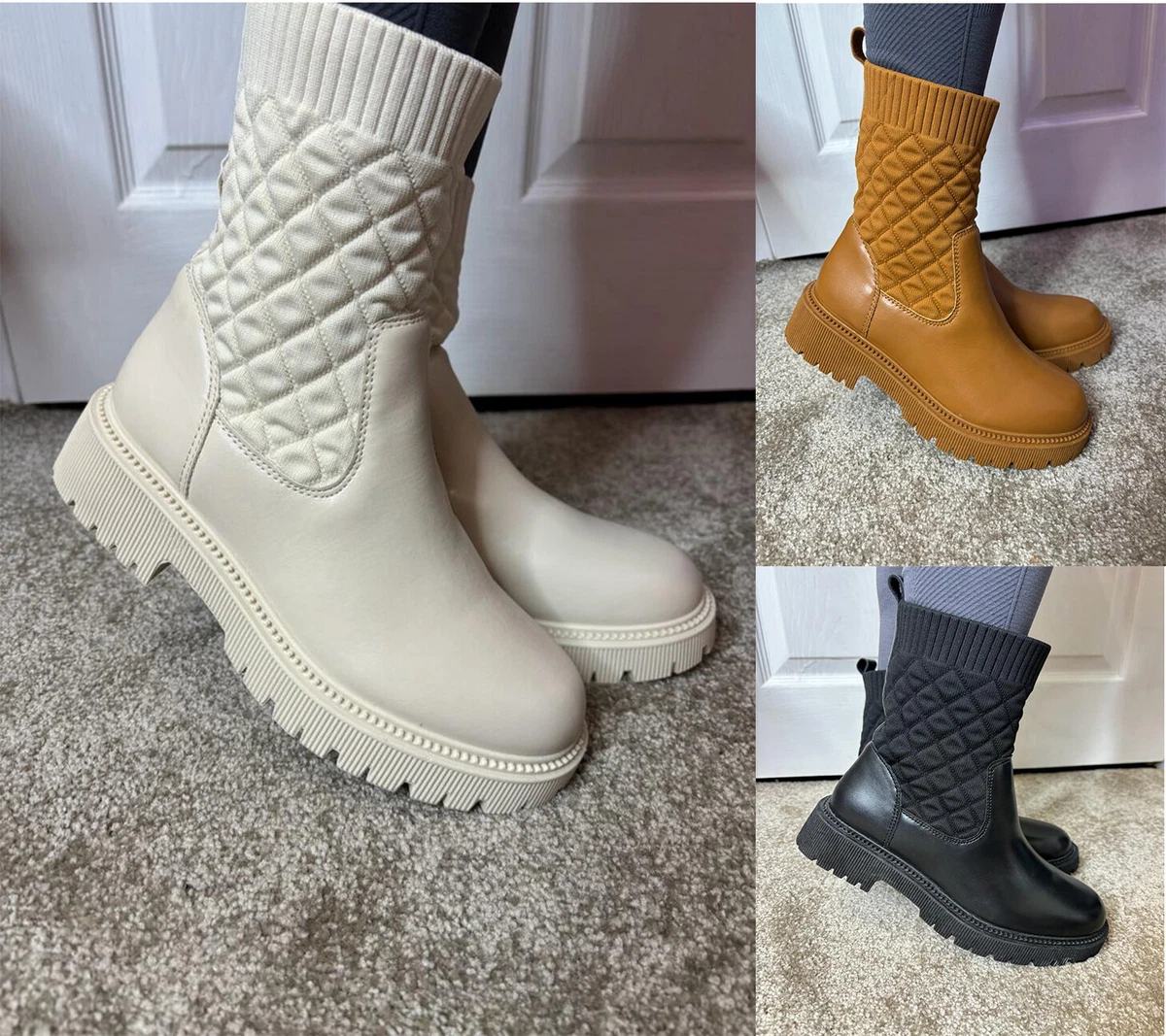 Ladies Womens Quilted Chunky Mid Calf Sock Ankle Boots Slip On