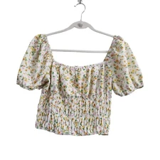 Elodie Crop Top Womens Medium Smocked Ruffled Blouse Stretch Multicolor Beach