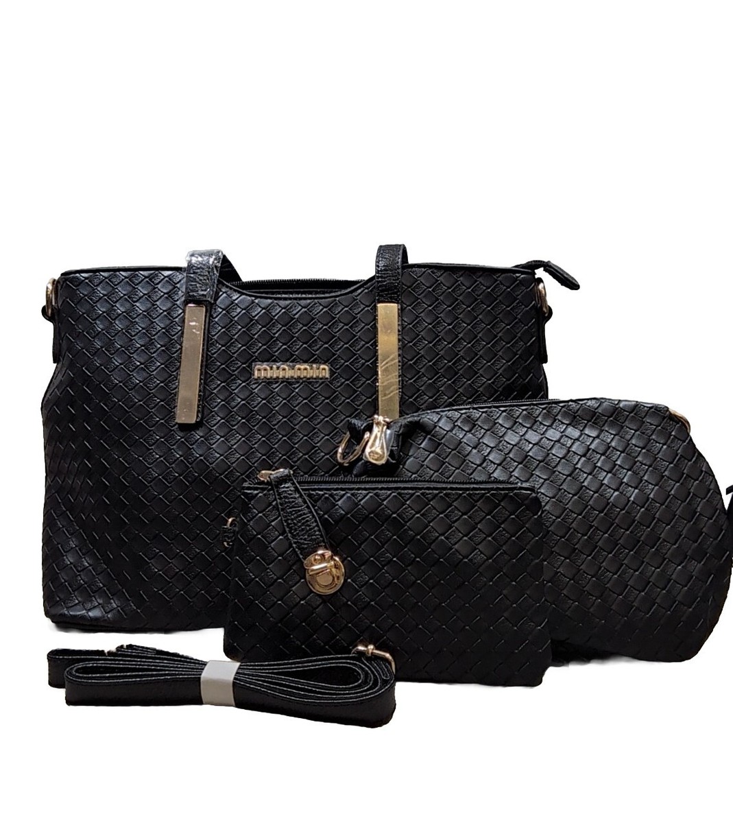 Minmin Black Woven Large Tote Handbag Brass Gold Hardware