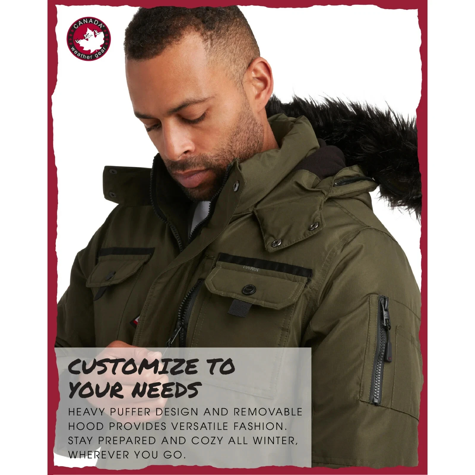 CANADA GOOSE Parka uomo Canada Weather Gear tela pesante tripla oca oliva con cappuccio NUOVO XL