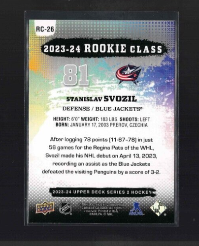 Stanislav Svozil RC 2023-24 Upper Deck Hockey Series 2 #RC-26 Rookie Class Jets - Picture 3 of 4