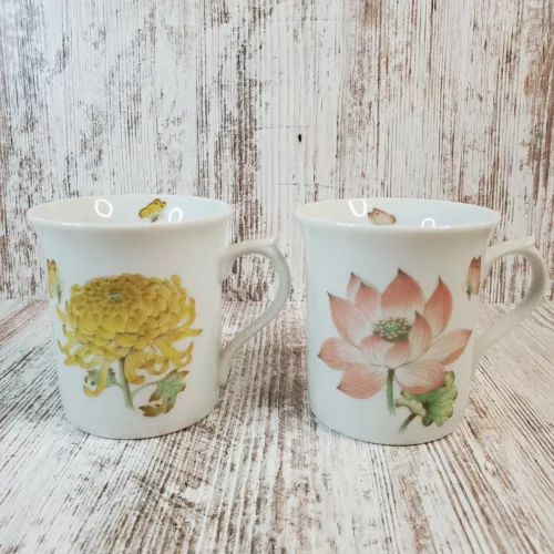 Vintage Takahashi Coffee Tea Mugs Cups Floral Medley San Francisco Japan Set 2 