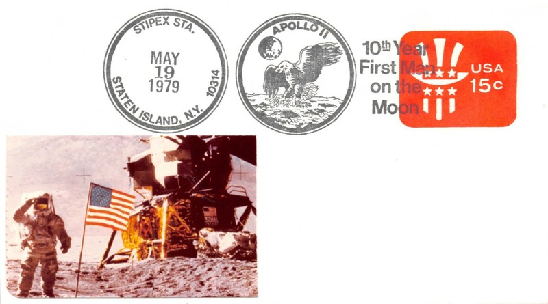 APOLLO 11 10th ANNIV.  ASTRONAUT AND FLAG MOON CACHET 15c STAMPED ENV. SC# -U581