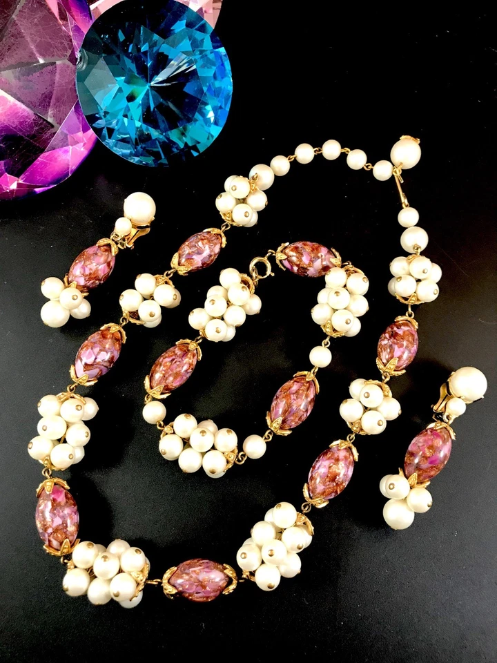 FIRMADO SCHIAPARELLI IMITACIÓN PERLA AMATISTA ARTE VIDRIO COLLAR PULSERA CONJUNTO Foto 2 de 4