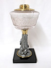 ANTIQUE VICTORIAN COMPOSITE OIL LAMP MAN & DOG FIGURAL STEM, EAPG GLASS FONT — photo 4