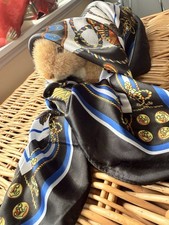 Vintage Nautical Equestrian Silk Scarf Black, Blue  Gold  Rope and Anchor Print