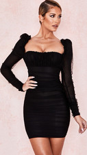 House of CB London Black Ruched Mesh Puff Long Sleeve Mini Dress Size L