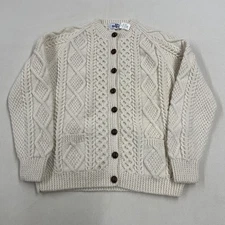 VTG John Molloy Wool Ireland Cream Cable Knit Fisherman Cardigan Sweater L-xl