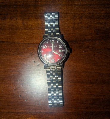 Grayton Automatic Mechanical Watch Red Dial Date Exhibition Back Steel Bracelet