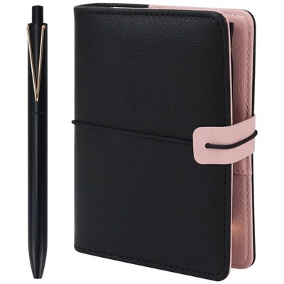 MultiBey A7 Refillable 6 Ring PU Leather Binder, Mini Padfolio A7, Black+pen 