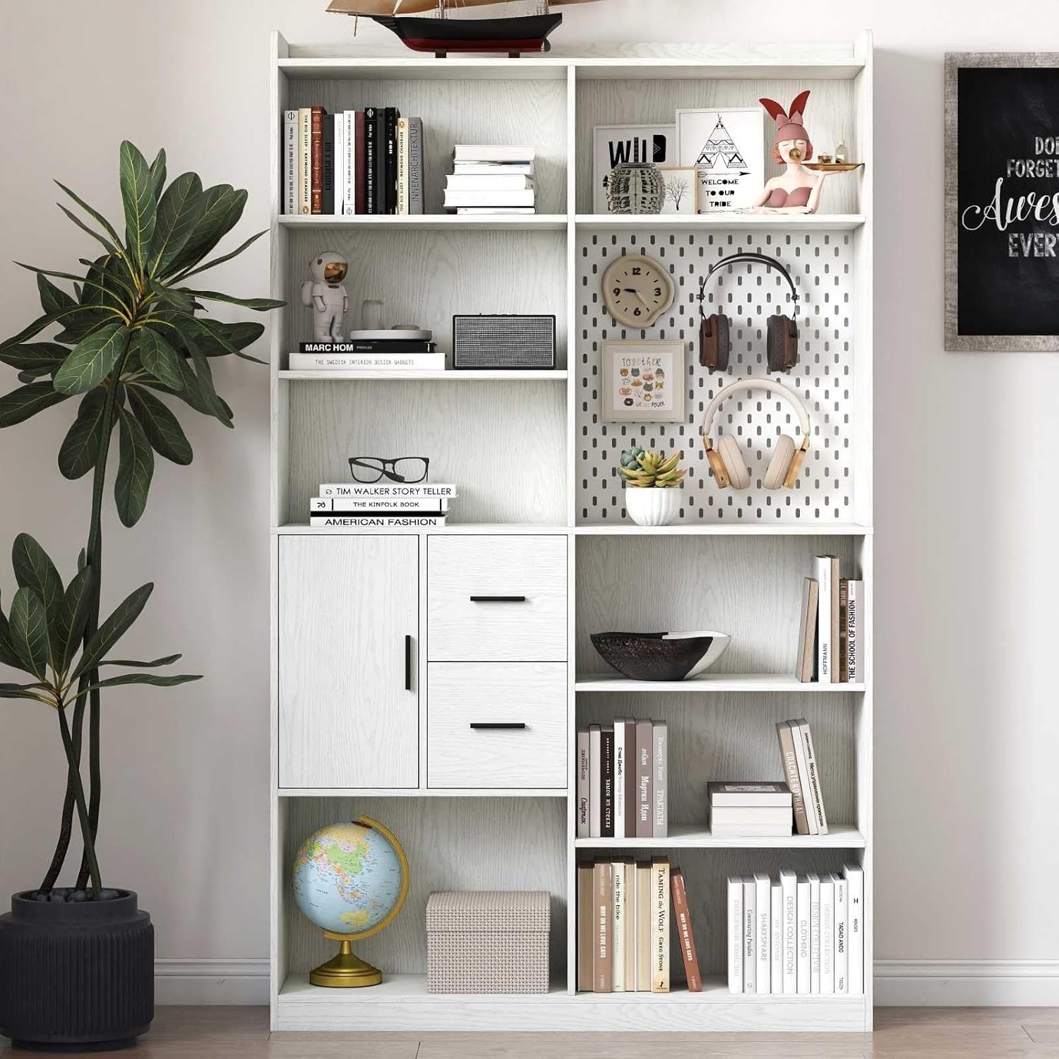 9-Cube Tall Bookshelf with Pegboard, Drawers & Cabinet for Stylish Storage