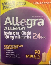 Allegra Allergy 24 hr Relief Treatment 90 Tablets Exp 3/2027 damaged box