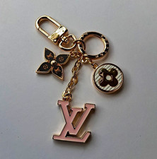 Louis Vuitton LV Logo Gold Tone Key Chain Charm, Pink Black White, With Box
