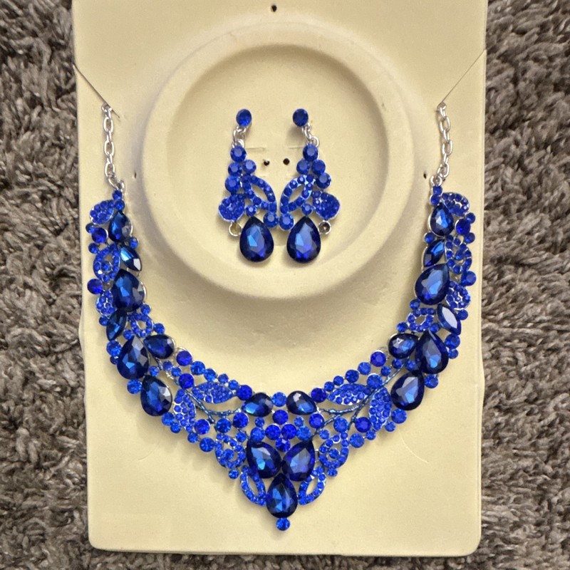 Blue Teardrop Crystal Rhinestone Necklace & Dangle Earrings Set, Silver Tone