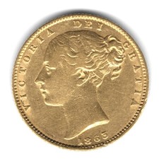 1863 Queen Victoria Shield back Young Head Gold Sovereign - Die 3