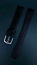 14mm GENUINE LEATHER BLACK WATCH STRAP, SILVER BUCKLE, SPRING BARS INCLUDED