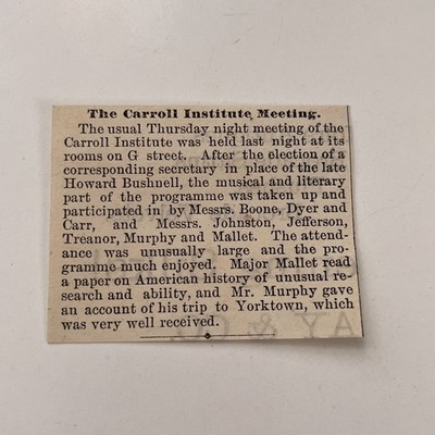 Carroll Institute Meeting Howard Bushnell 1881 Washington DC Clipping TAJ8-S33