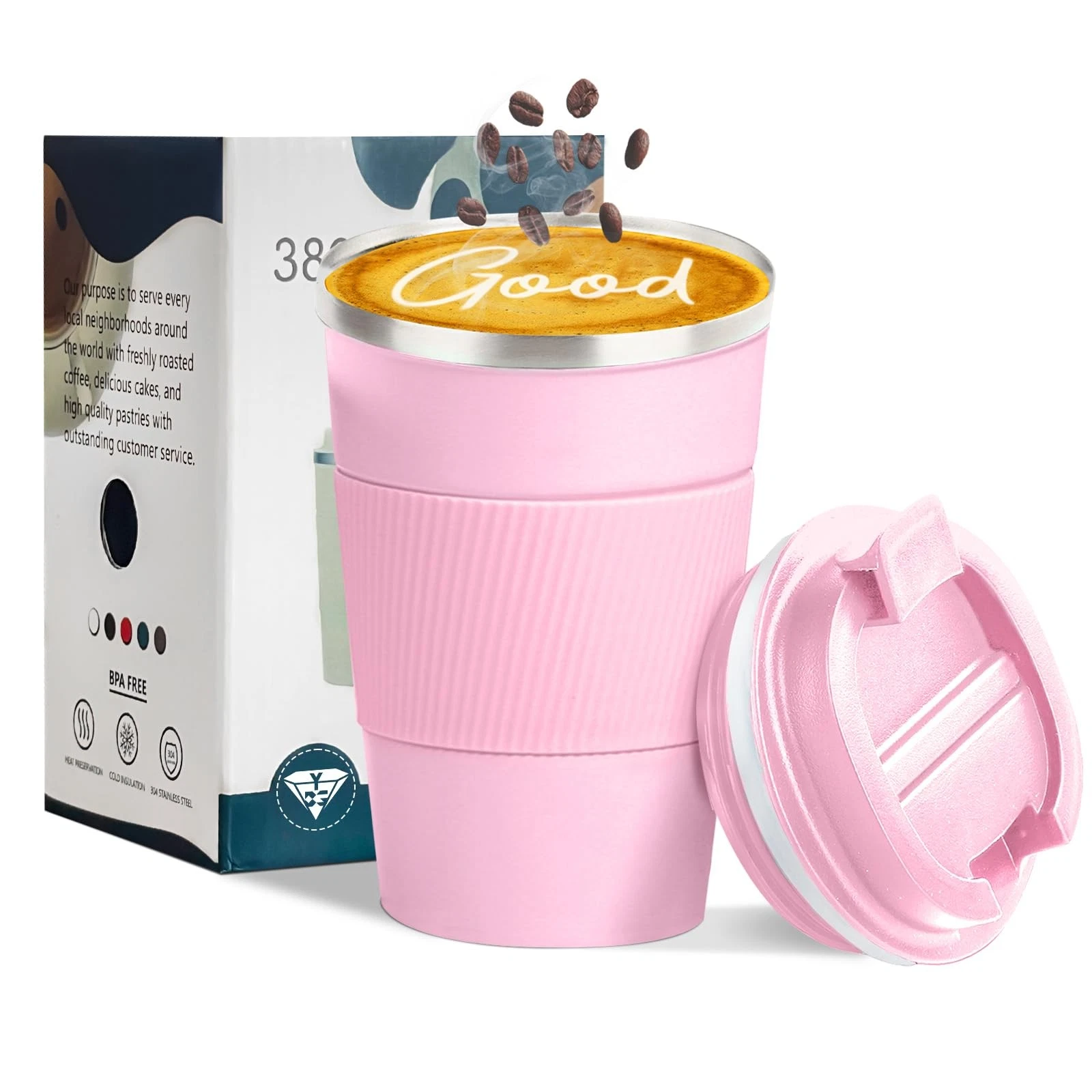 YINBAOGE Insulated Travel Coffee Mug, Spill & Leak Proof, 12 Ounces, Pink