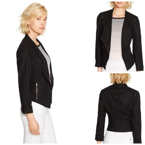 WHBM Black Linen Motorcycle Light shoulder Padding Jacket Size 8 NEW - Picture 2 of 5