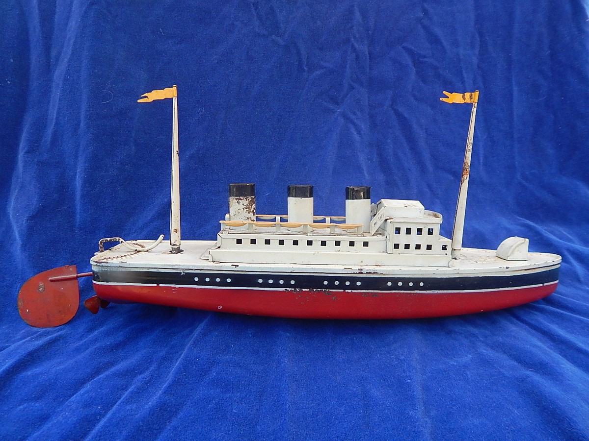 Ancien Bateau Paquebot Mécanique JEP En Tôle, Avec Clé, Jouet Collection