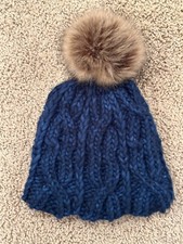 Handmade Dark Blue Cabled Wool Hat with Pom Pom