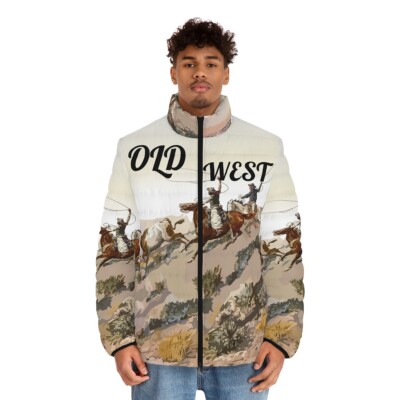 Men's Puffer Jacket (AOP) - - Old West Cowboys Wrangling the Herd