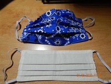 FACE MASK HANDMADE ADULT PLEATED DBL LAYERED BLUE COTTON REUSABLE CORD LOCKS