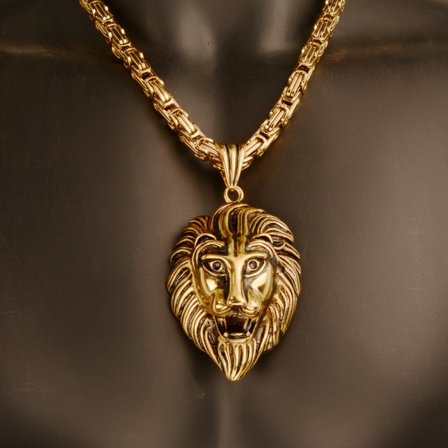 Men's Gold Tone Stainless Steel Huge Lion Pendant Byzantine Necklace