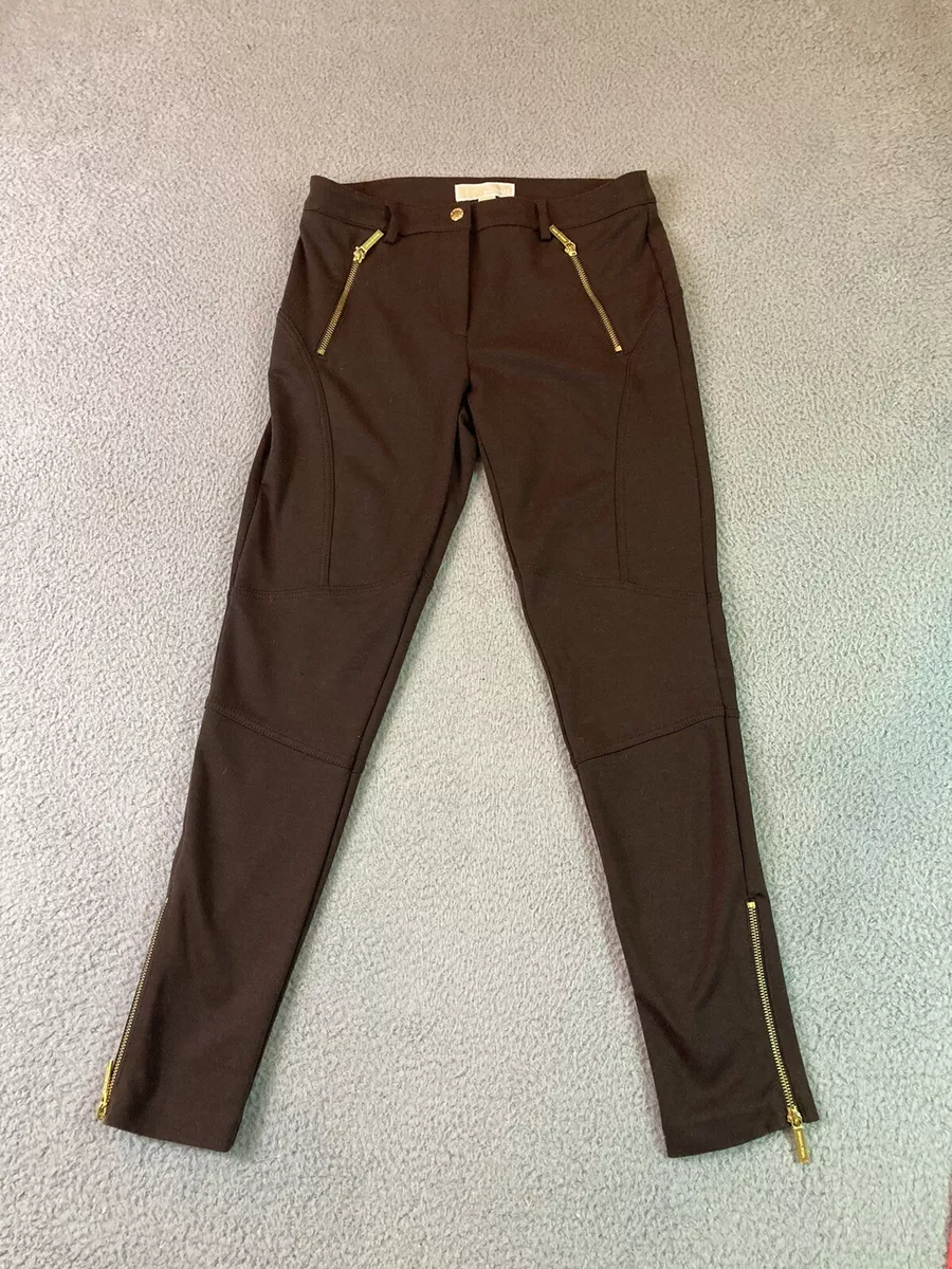 Michael Kors Pants Womens 6 Brown Skinny Gold Zippers Stretch Knit Comfort  City