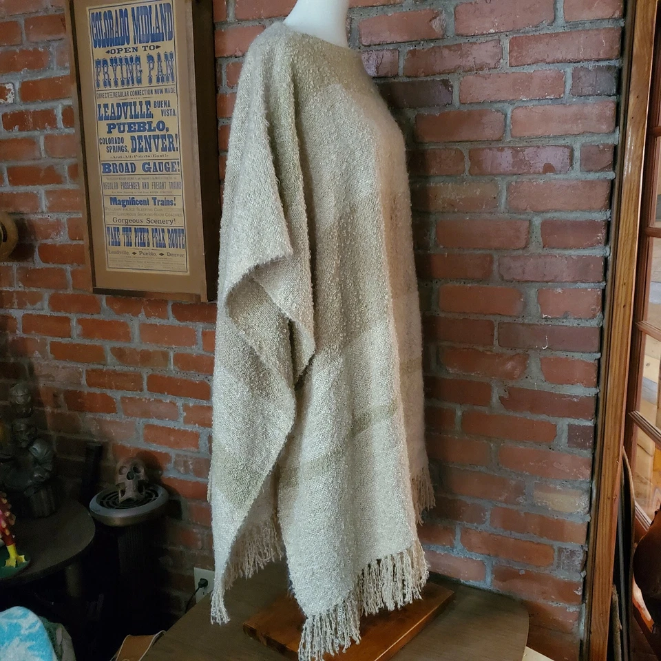 Poncho Manta De Colección Años 70 Del Sol Inc Punta Rayas Beige LagenLook Lana Foto 3 de 4