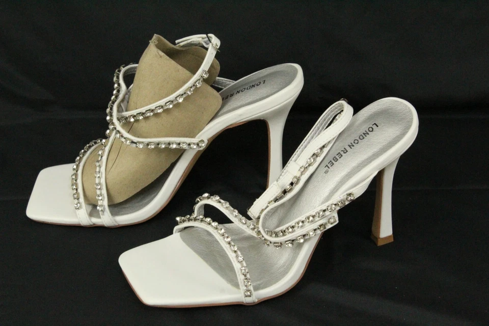 Sandalias de tacón LONDON REBEL para mujer talla 7 nupciales punta cuadrada con tiras blancas nuevas con etiquetas Foto 3 de 4