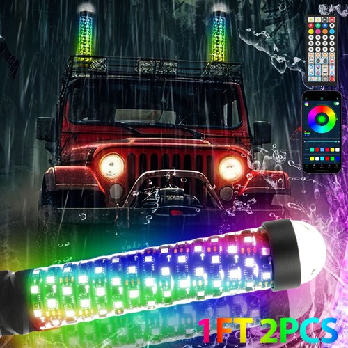 2PCS 1FT RGB LED Whip Light Lighted Antenna for ATV UTV Polaris RZR Can ...