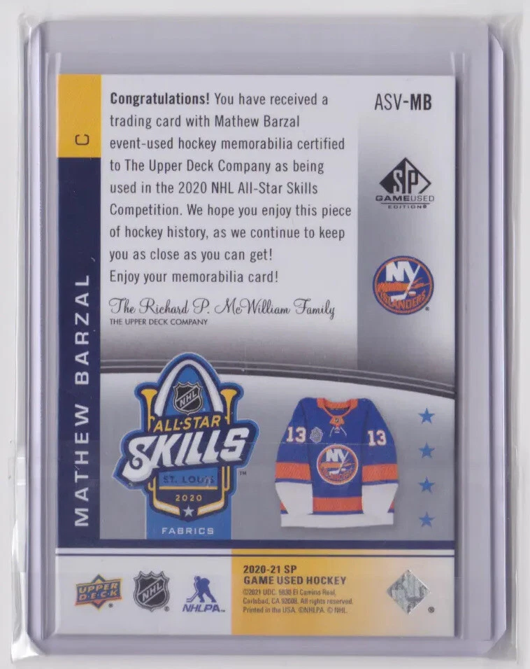 2020-21 UD SP GAME-USED ALL-STAR SKILLS FABRICS MATHEW BARZAL #ASV-MB ISLANDERS - Image 2 of 2