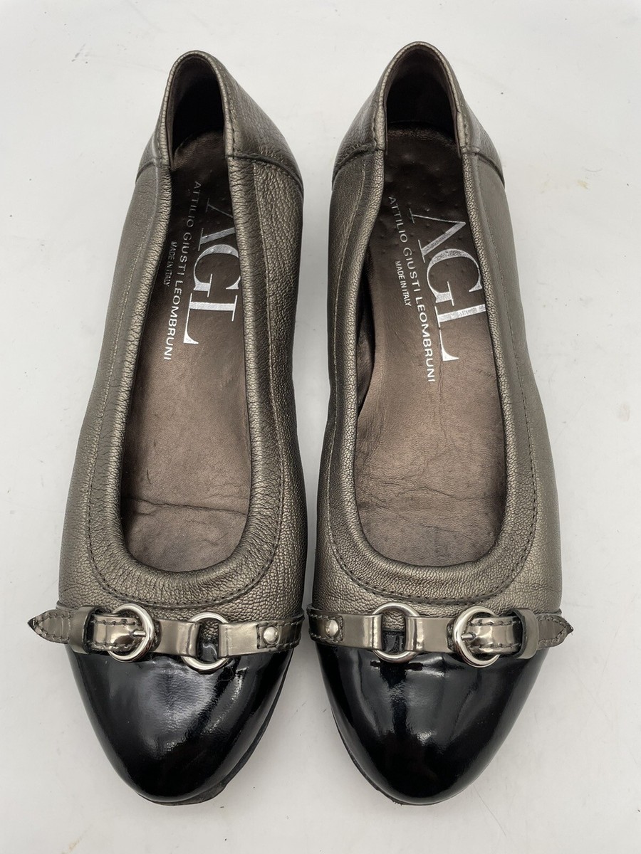 AGL Ballet Flats Pewter Leather Black Patent Toe EU 38 US Buckle