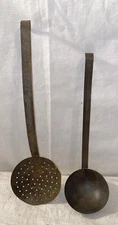 Early American Rustic Iron Ladle and Skimmer Hook End Kitchen Hearth Accent