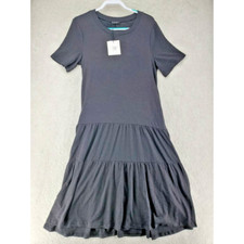 Very J Womens Tiered Midi Dress Black Stretch Scoop Neck Short Sleeve M NWT