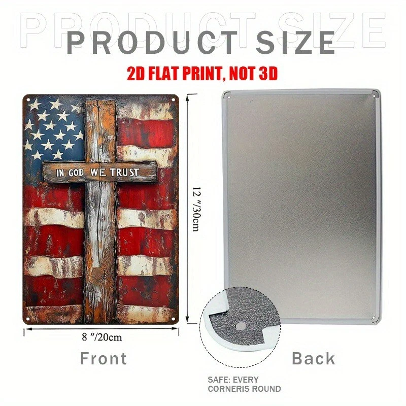 TIN SIGN American Flag with Cross Patriotic Sign Rustic Distressed Metal Decor - Image 3 of 4