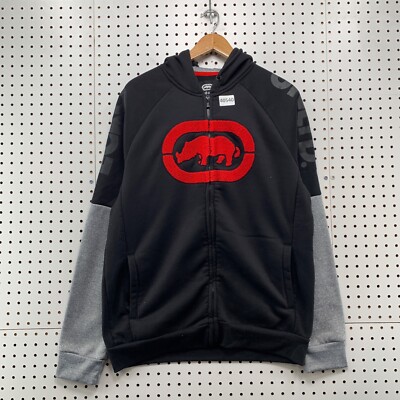 Vintage Y2K Ecko Hoodie Zip Sweatshirt Mens Large Black Red Rhino Skateboard  