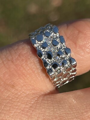 Mens REAL Solid 925 Sterling Silver Nugget Ring Iced Baguette CZ