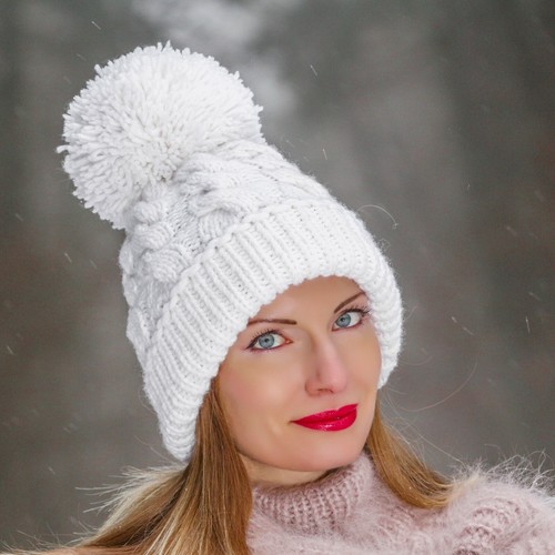 Handmade wool hat thick pom pom beanie wool ski cap warm handknit hat SUPERTANYA - Picture 10 of 19