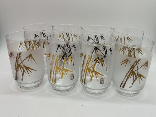 Set of 8 SASAKI Footed Tumblers Gold Bamboo on Frosted Glass MCM style - Picture 7 of 10