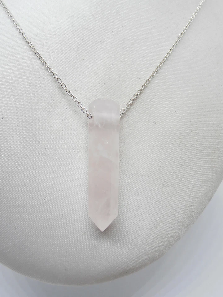 Girocollo in Argento 925 e Quarzo Rosa naturale - Pendente Pietra Dura- Ciondolo - Immagine 2 di 4