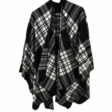 Just Cozy Shawl Wrap Poncho Scarf  Open Front Tartan Plaid 60"x57" Black White