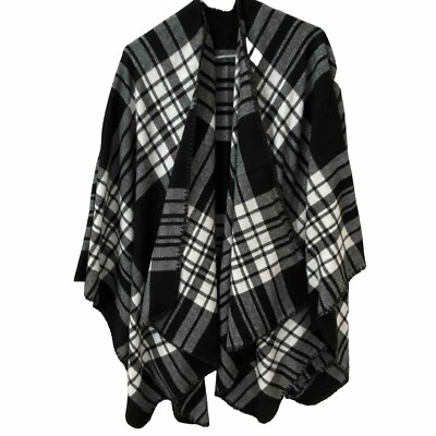 Just Cozy Shawl Wrap Poncho Scarf  Open Front Tartan Plaid 60''x57'' Black White