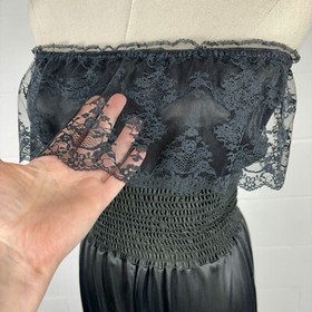 Vintage 80s Black Nylon Strapless Harem Jumpsuit Smocked Bodice Lace Trim Small