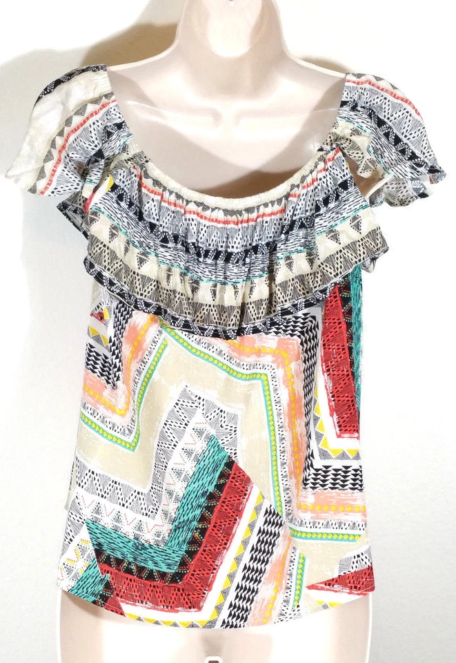 American Rag Cie Women Sz Small Top Blouse Printed Woven Off The Shoulder Ruffle - image 2 of 4